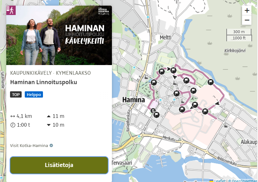 Kartta Haminan linnoituspolusta